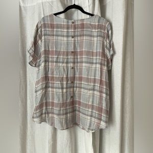 Grey and pink plaid Torrid blouse. Great condition. Only worn once.  Size 1.